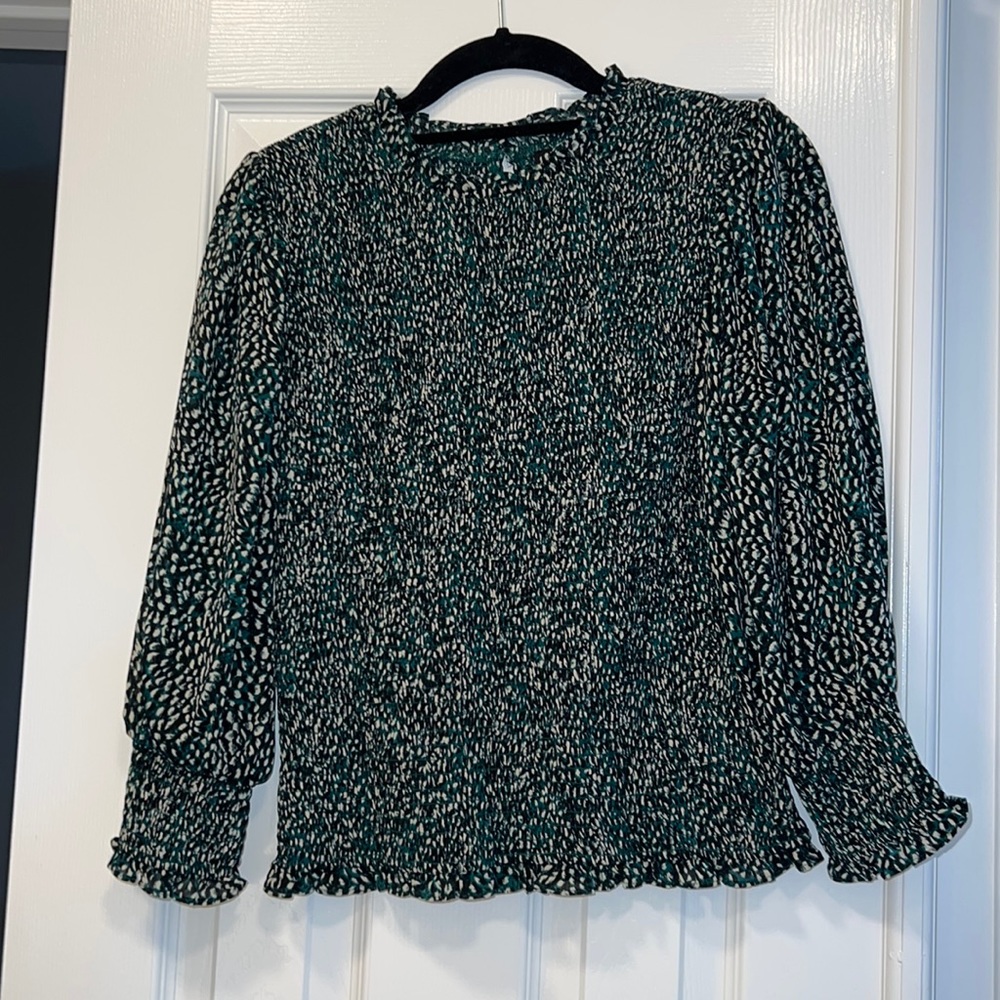 Smocked green/black printed top